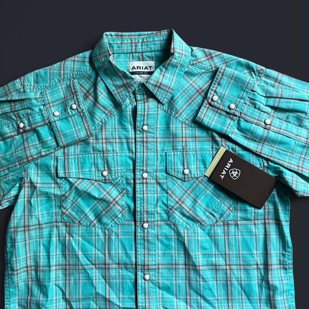 NWT Ariat Retro Pearl Snap Button Up Mens Medium Teal Plaid Aztec Western